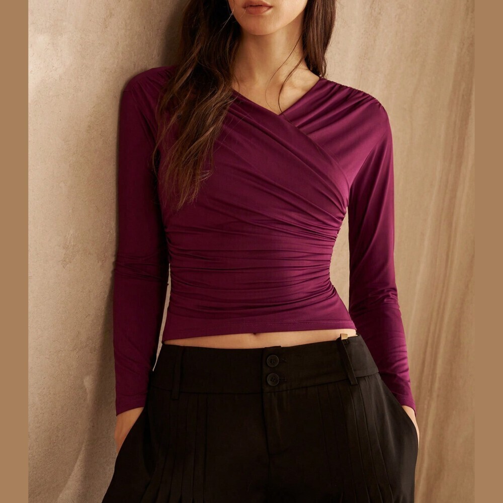 Plum Purple Ruched Wrap V Neck Long Sleeve Top